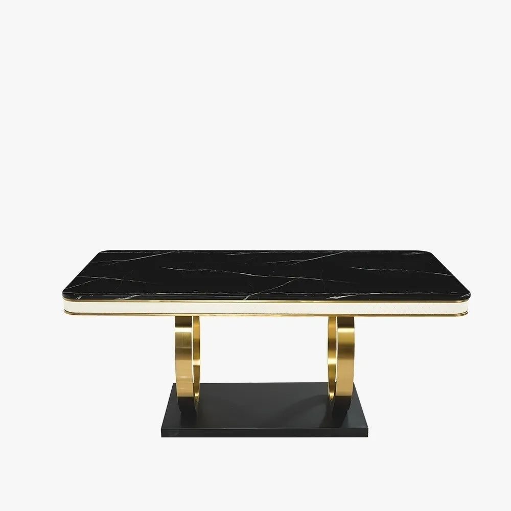 Modren White Dining Table With Rectangular Sintered Stone Table Tops Gold legs, Dual-Circle Base,