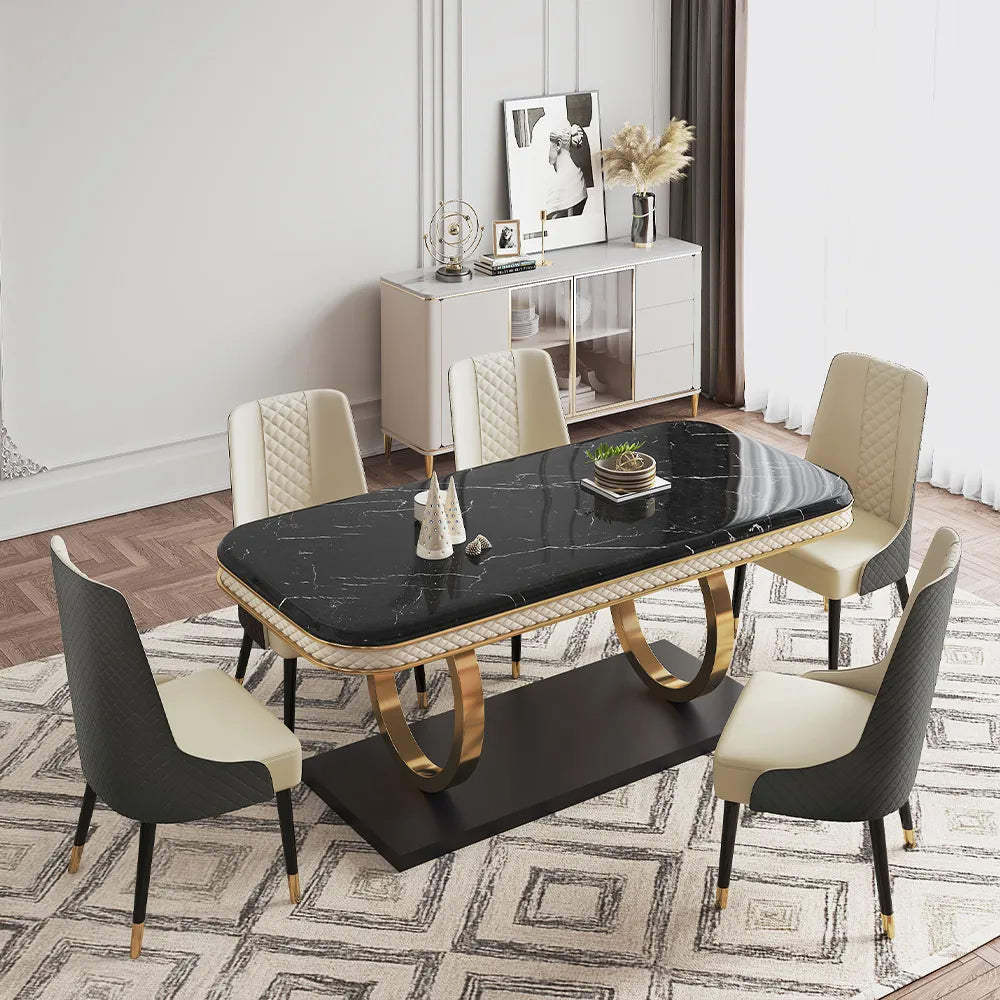 Modren White Dining Table With Rectangular Sintered Stone Table Tops Gold legs, Dual-Circle Base,