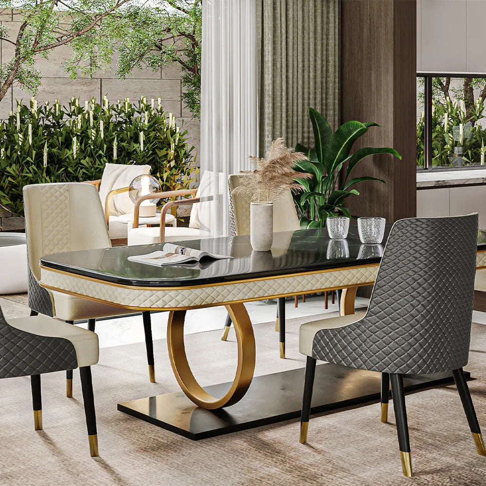 Modren White Dining Table With Rectangular Sintered Stone Table Tops Gold legs, Dual-Circle Base,