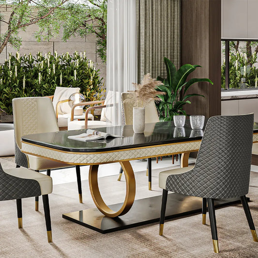 Modren White Dining Table With Rectangular Sintered Stone Table Tops Gold legs, Dual-Circle Base,